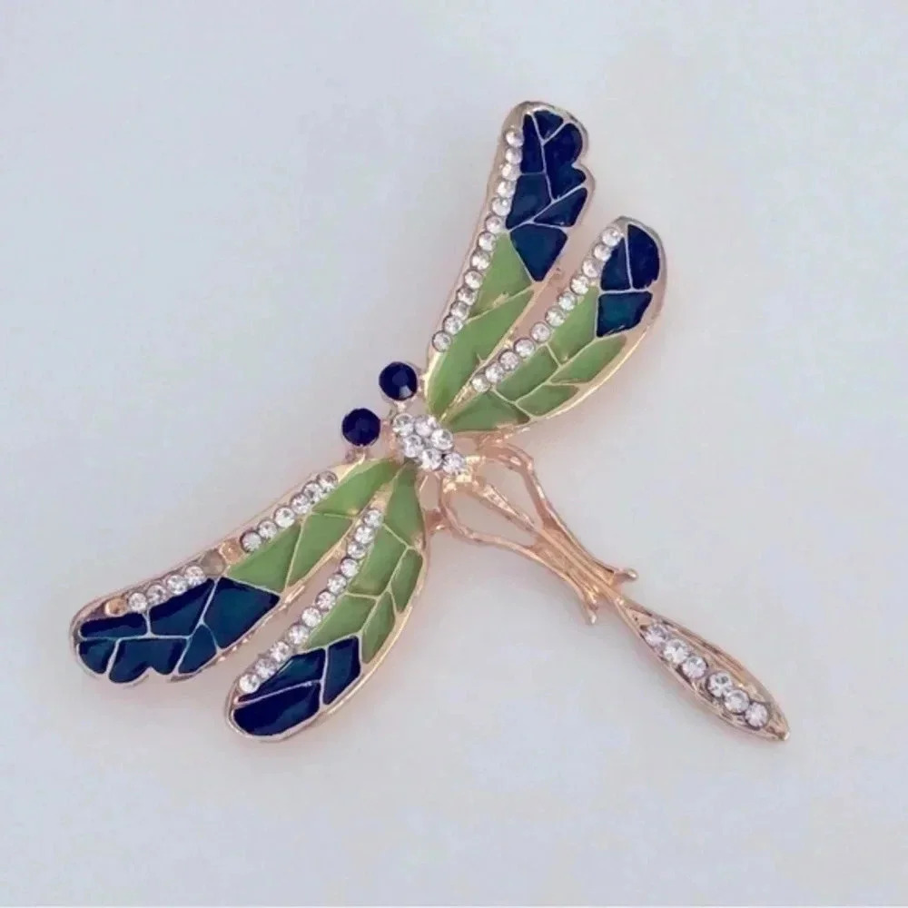 Crystal Green & Gold Dragonfly Brooch Lapel Pin
